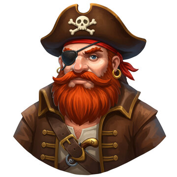 Cartoon pirate with eye patch and red beard isolated on transparent background