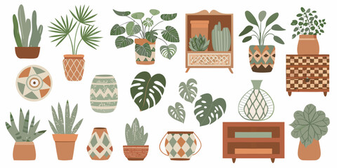 A collection of potted plants decorative vases and small wooden cabinets © Tarun