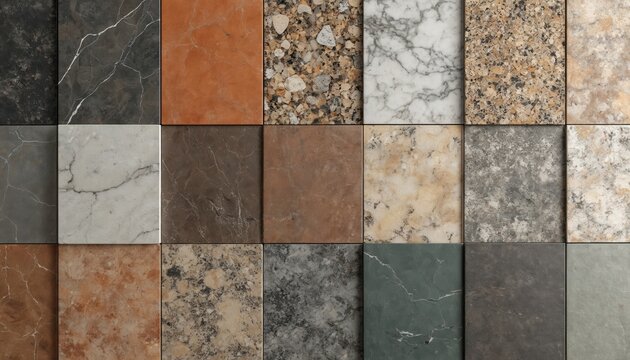 Grid of diverse stone and tile samples. Different textures and colors create a visual catalog of materials for interior and exterior design projects. Variety of natural stone surfaces.