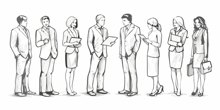 A group of business professionals stand and converse in a sketched illustration