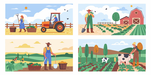 Illustrative farming scenes depict various agricultural activities and rural life © Tarun