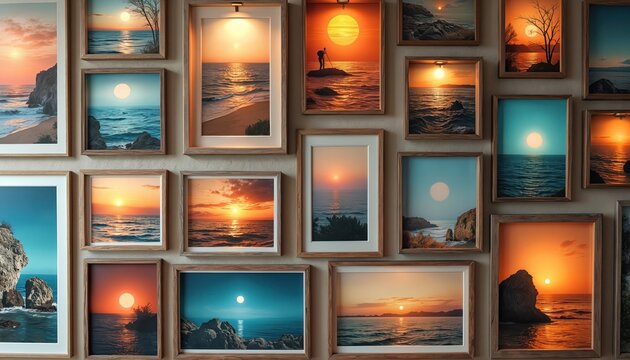 Collection of framed seascape photos displays sunset and sunrise scenes. Ocean views feature sunlit water rocky shores and sandy beaches. Various times of day show sun over horizon.