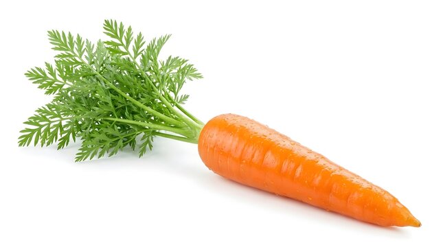Fresh single carrot with green leaves isolated on white background. Organic raw vegetable with water drops, perfect for healthy eating, cooking, and nutrition concepts. High quality studio image.
