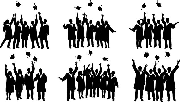 Graduation celebration silhouettes of people throwing caps in the air on white background