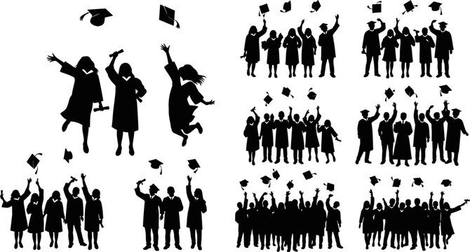 Graduation celebration silhouettes of people throwing hats in the air  various group sizes and poses