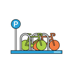A colorful cartoon illustration of multiple bicycles parked securely in a bike rack with a blue parking sign. © ICON  WAREHOUSE