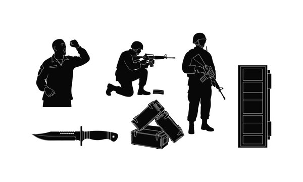 Army infantry silhouette vector illustration set with ammo boxes knife and storage locker
