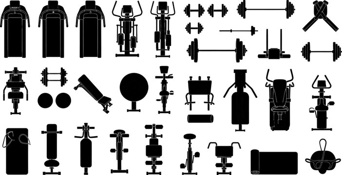 various gym equipment icons silhouettes on white background for fitness and workout concepts