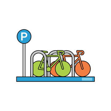 A colorful cartoon illustration of multiple bicycles parked securely in a bike rack with a blue parking sign.