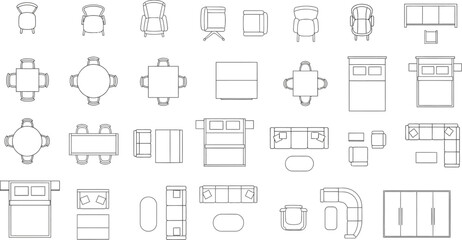 Obraz premium line drawings of various furniture pieces in different views and arrangements for interior design planning and decoration