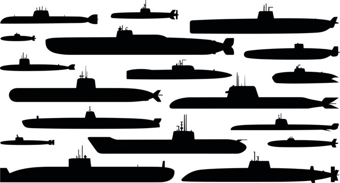 Submarine silhouettes collection with modern and vintage naval vessels underwater military fleet black isolated vector illustration set