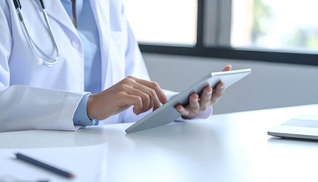 Doctor using digital tablet device