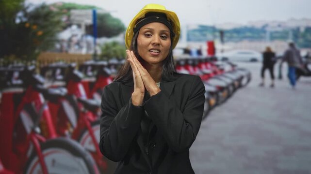 Woman engineer in hardhat clasping hands to face beside a row of red bicycles at a bike rack on street wearing blazer and helmet; confidence planning design.