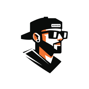 Stylish man's head profile with a backward baseball cap and square sunglasses urban street style illustration ideal for contemporary media white background facial hair ear piercing side profile