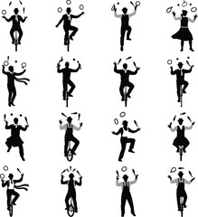 Multitalented Circus Performer Silhouettes Juggling on Unicycles and Staging Acts © parves5203
