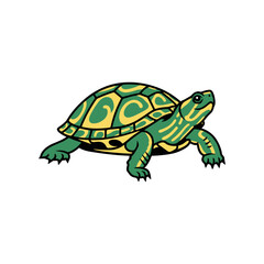 Obraz premium A vibrant cartoon illustration featuring a green and yellow turtle with a decorative shell pattern.