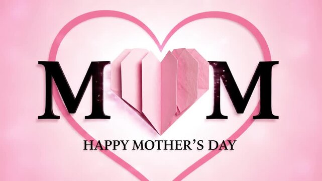Mother holiday greeting text with pink paper heart center animation motion video featuring elegant serif typography and soft glowing light effects on a pastel background.