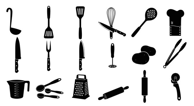 Collection of kitchen utensils and cooking tools in a clean silhouette style representing culinary preparation and food making