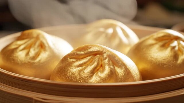 Golden Steamed Delights: A close-up shot of freshly steamed buns in a bamboo steamer, their golden-brown exteriors glistening, as fragrant steam curls upwards.