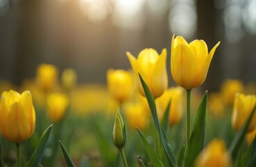 Naklejka premium Yellow tulips bloom in soft sunlight. Green leaves and bud show plant growth. Field of flowers creates natural beauty. Spring awakens earth.