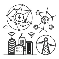 This graphic illustrates concepts of smart cities energy networks data connections and technological infrastructure with abstract icons high quality professional detailed modern © md ruhul11