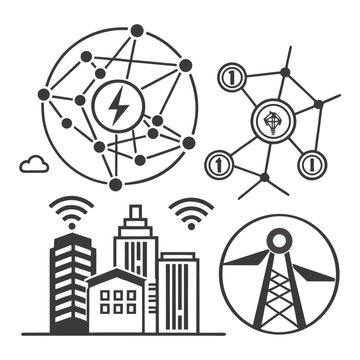 This graphic illustrates concepts of smart cities energy networks data connections and technological infrastructure with abstract icons high quality professional detailed modern