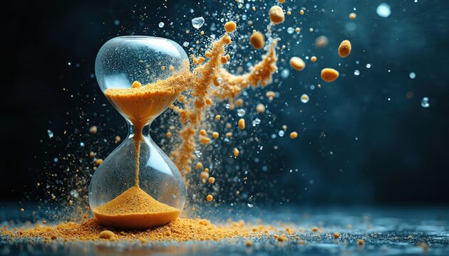 Shattered hourglass with sand exploding outward. Particles of sand and water droplets fly through air creating dynamic motion effect. Glass timekeeping device breaking apart on dark background.