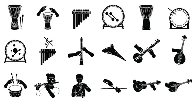 Musical instruments vector illustration of silhouette icons drums strings wind players