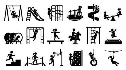 Naklejka na ściany i meble Collection of black and white pictogram icons representing children playing on various playground equipment and outdoor recreational activities