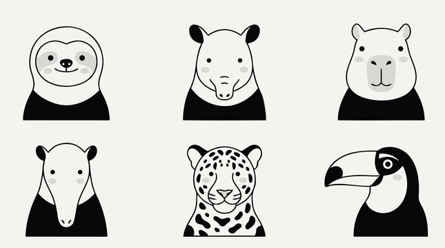 Set of Six Adorable South American Animals in Minimalist Style.