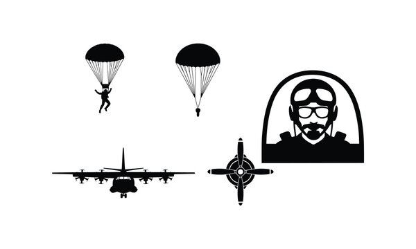 Military aviation vector silhouette illustration set including parachutists, aircraft, and propeller