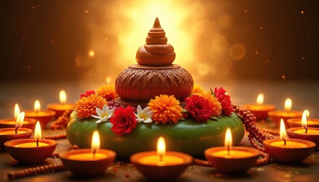 Shiva lingam adorned with flowers sits in diyas. Sacred Hindu worship setup, spiritual ambiance with clay lamps, orange marigolds, red roses, green leaves, prayer beads creates serene divine energy.