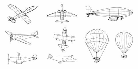 Collection of various linear aircraft and airships in blueprint style © Mityunjoy