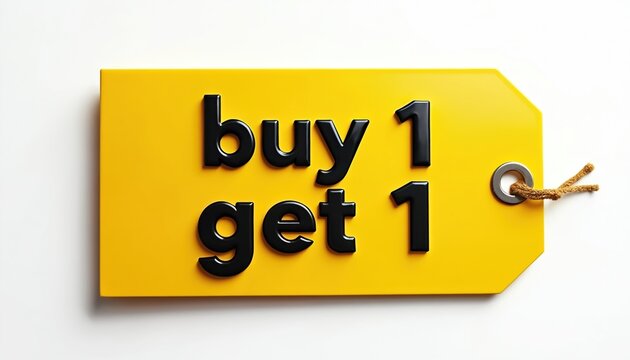 Bright yellow tag announces buy one get one free deal. Simple text offers discount, special promotion for shoppers. Tag has metal grommet and jute string.
