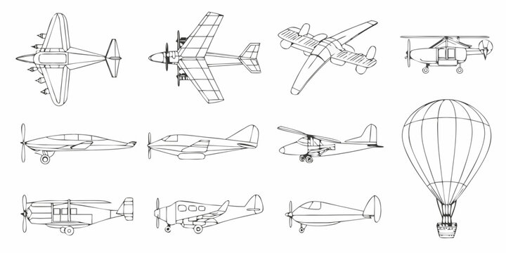 Collection of various aircraft designs illustrated in a simple line drawing style