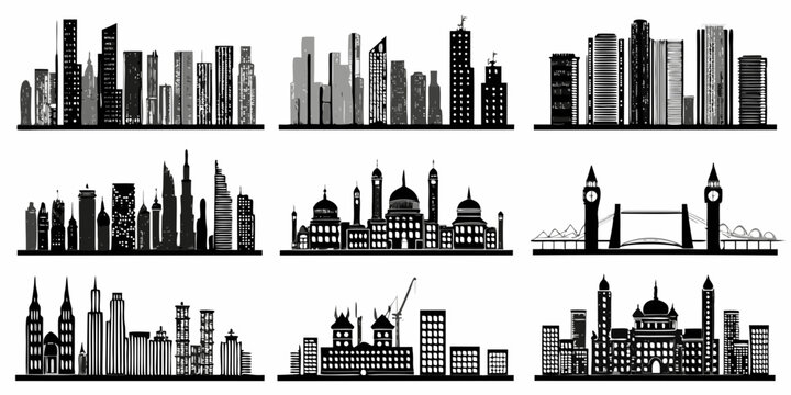 Silhouettes of famous city skylines and landmark buildings worldwide