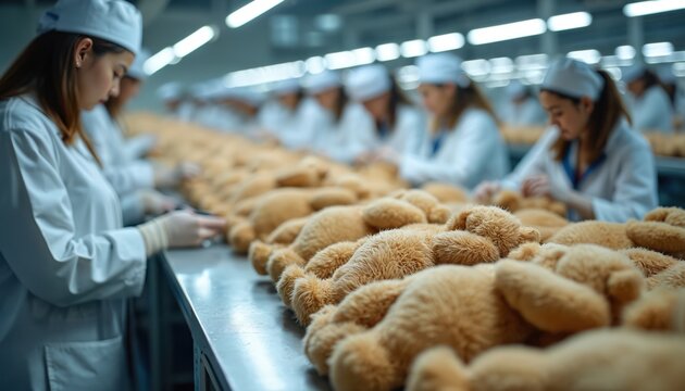 Workers in clean factory assemble plush teddy bears on production line. Employees in uniform use equipment, tools to create soft toys with careful stitching for quality output. Skilled team makes
