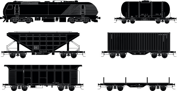 Railway freight wagon silhouettes collection featuring tanker hopper boxcar and flatbed cargo trains isolated detailed vector illustration set on white background