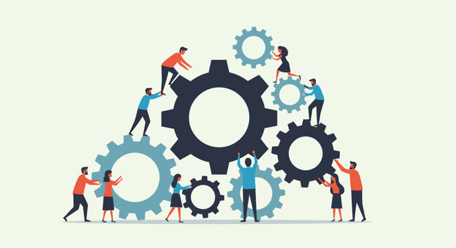 A diverse group of people collaborating to assemble a complex system of gears, symbolizing teamwork, synergy, and collective effort in business and technology.