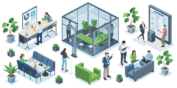 Isometric illustration of a modern office space with diverse employees