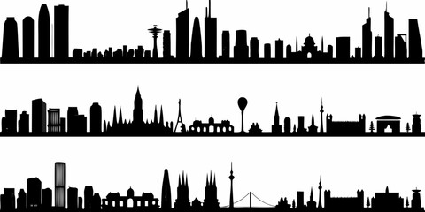 Silhouettes of multiple city skylines against a white background © Mityunjoy