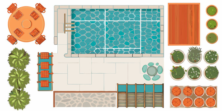 Aerial view of a backyard featuring a pool patio and landscaping