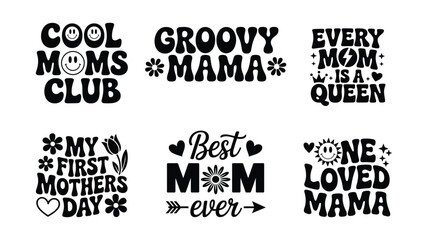 Obraz premium Mothers day celebration typography set with groovy mama and mom quotes for printing.
