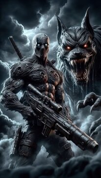 Fictional warrior with weapon and creature in dramatic cloudy scene