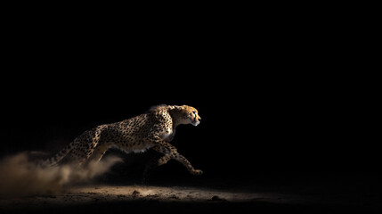 Fototapeta premium cheetah sprint frozen motion dramatic wildlife action, high speed cheetah running dust trail cinematic light study, anatomical cheetah predator chase in savanna 