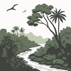 A stylized illustration depicts a lush tropical landscape with a winding river flowing through dense vegetation and trees high quality professional detailed © md ruhul11