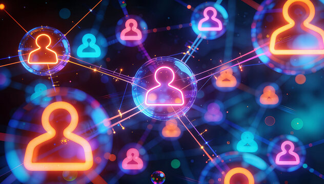 A digital network of people connected by glowing lines, symbolizing social media and online communities