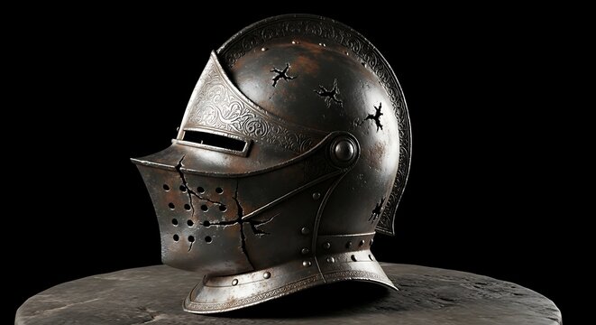 Ancient Medieval Knight Helmet with Battle Damage and Ornate Engravings Resting on Stone Surface