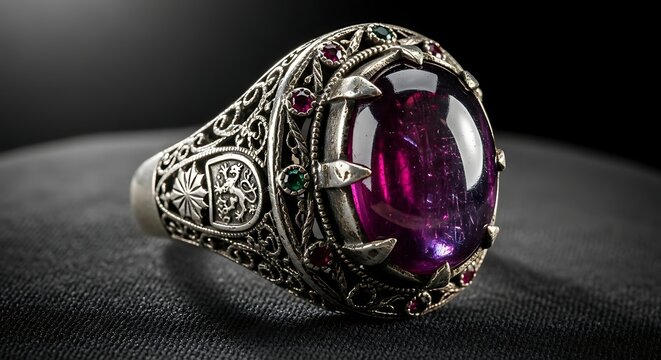 Vintage Silver Ring with Large Purple Cabochon Gemstone and Heraldic Lion Crest Close Up