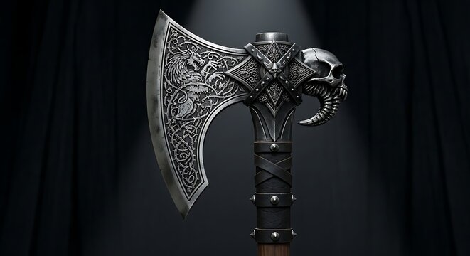 Ornate Fantasy Battle Axe with Intricate Engravings and Skull Detail on Dark Background